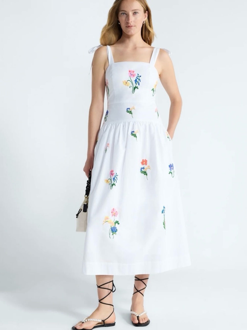 NWT Free Assembly Emby Strappy Midi Dress White Floral Embroidered Size S